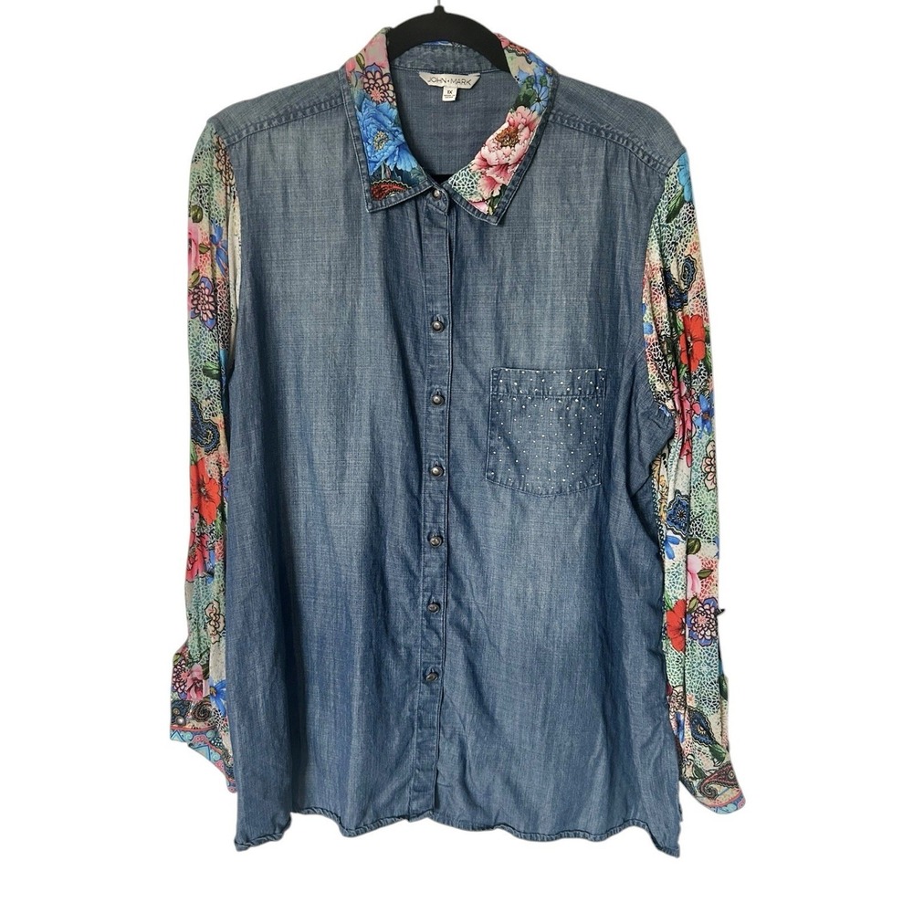 JOHN MARK Artsy Boho Tunic Top Blouse Art Wear Floral 1X Long Sleeve Roll-Tab